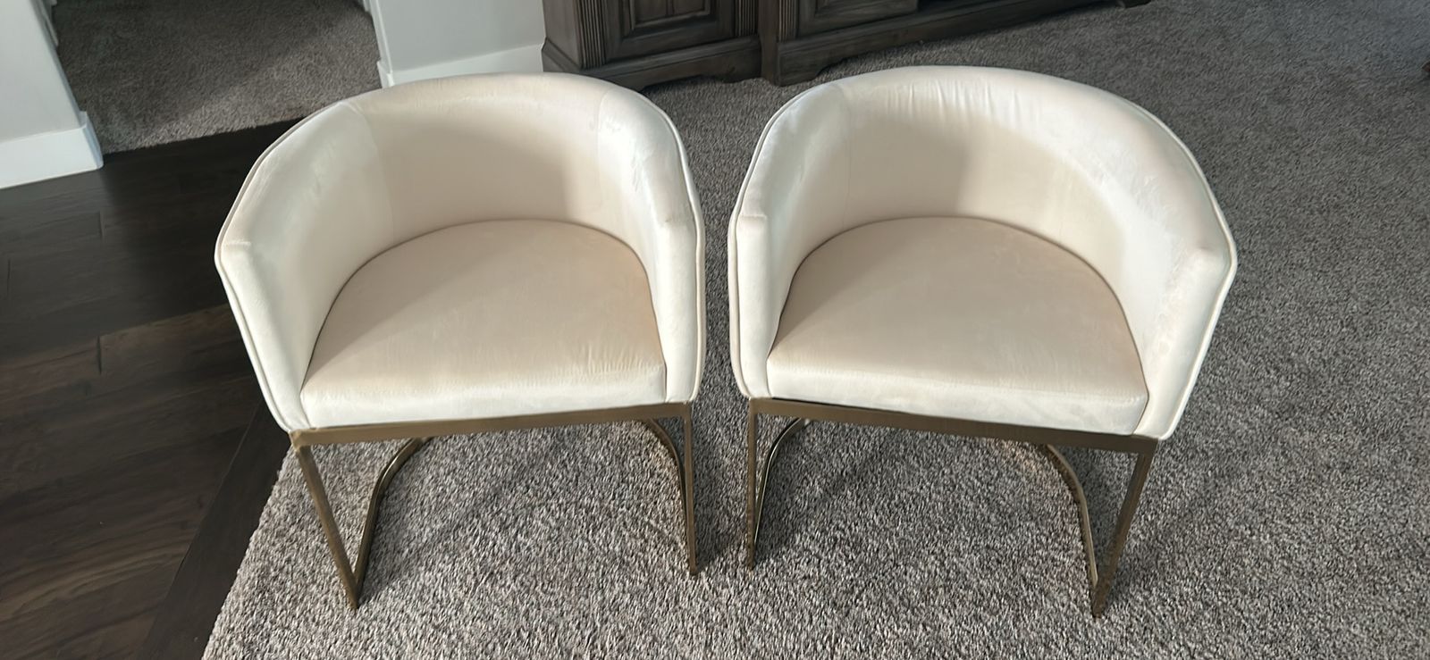 Pair of Cream Velvet Accent Chairs with Gold Metal Base - Modern Contemporary Style