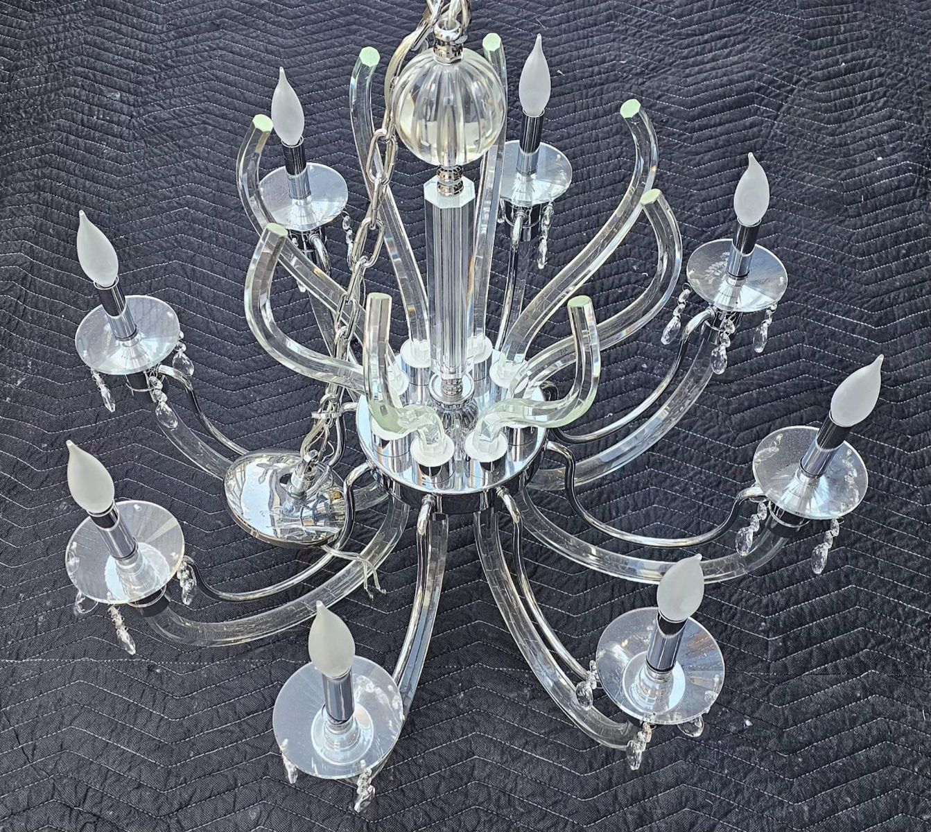 Matching Pair of Murano Style Lucite, Hand Cut Crystal & Chrome Chandeliers Vintage