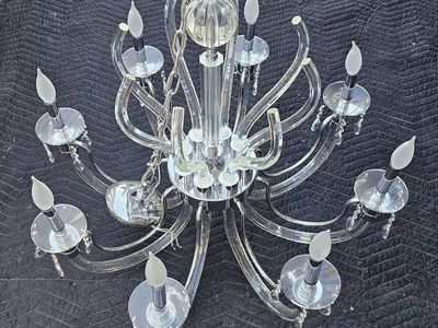 Matching Pair of Murano Style Lucite, Hand Cut Crystal & Chrome Chandeliers Vintage