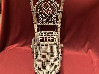 Antique Wicker Baby Doll Carriage Stroller Wood & Metal Wheels
