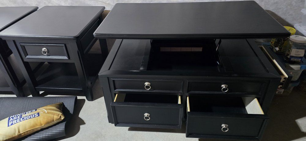 Black Living Room Set with Lift-Top Coffee Table and Matching End Tables