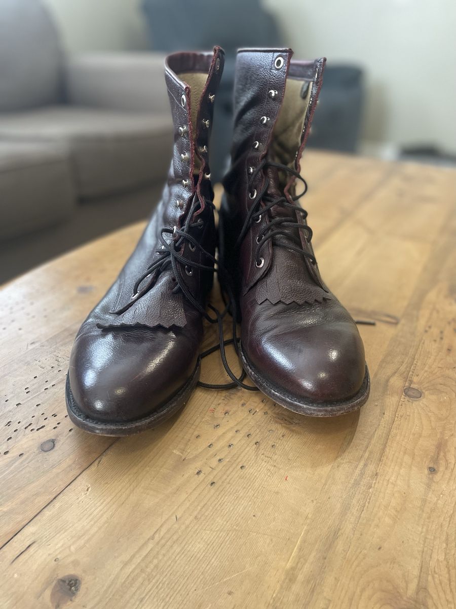 Justin Vintage Men's 11D Dark Brown Leather Kiltie Lace-Up Packer Boots