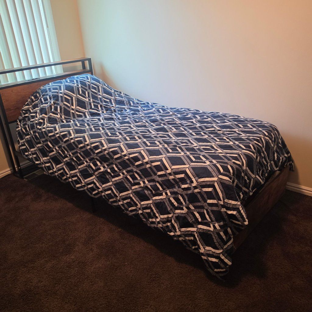 Industrial Metal & Wood Bed Frame with Storage Drawers, Built-in Outlets & Luxury Pedic Mattress