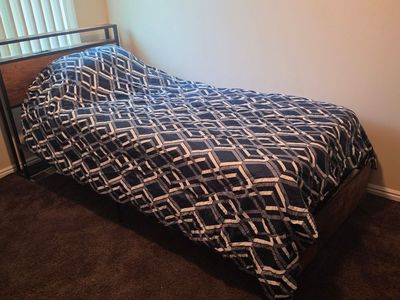 Industrial Metal & Wood Bed Frame with Storage Drawers, Built-in Outlets & Luxury Pedic Mattress