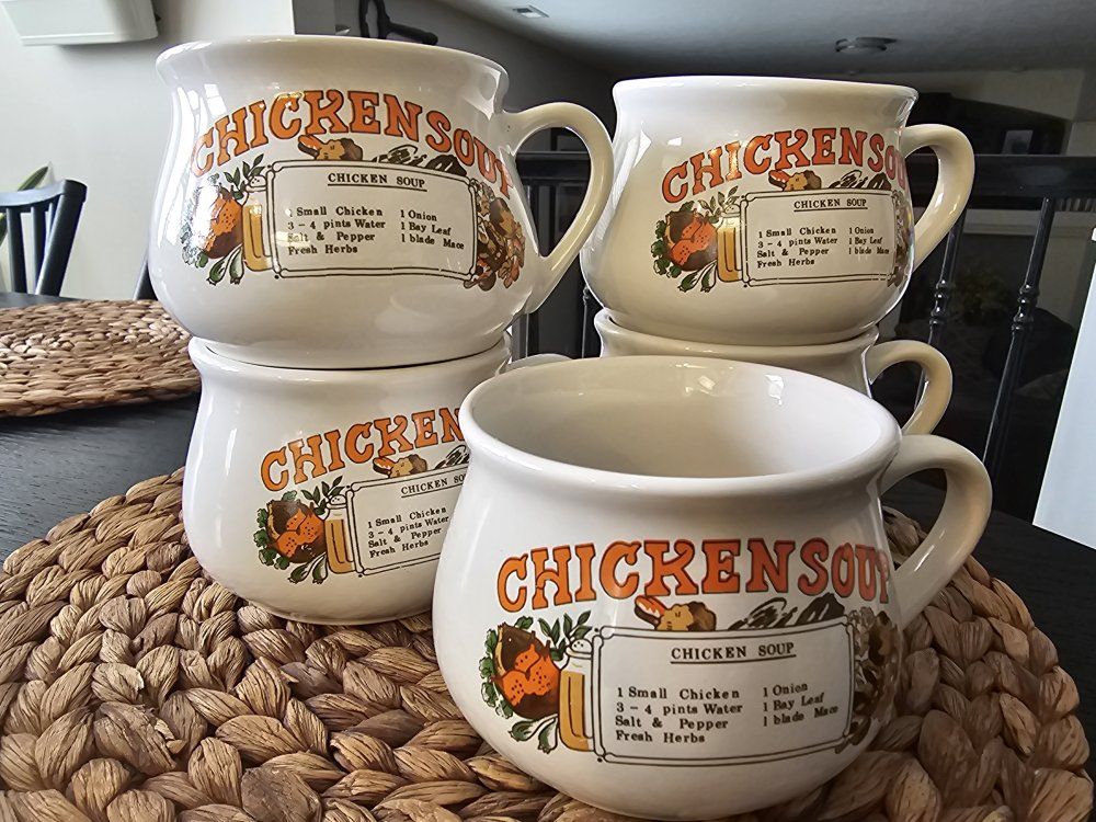 Vintage Chicken Soup Recipe Mugs - Set of 4 Ceramic Bowls with Handles, Mid-Century Style