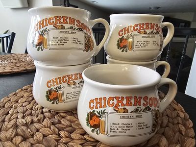 Vintage Chicken Soup Recipe Mugs - Set of 4 Ceramic Bowls with Handles, Mid-Century Style