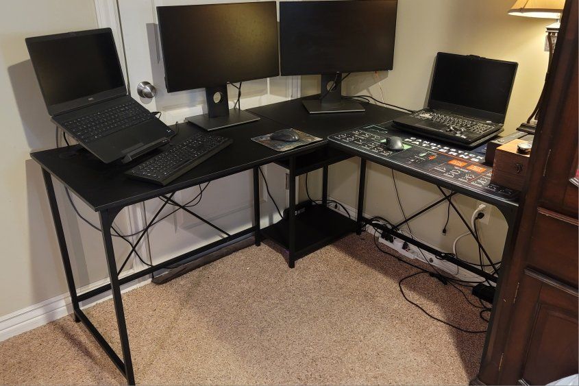 Black Metal Frame L-Shaped Corner Computer Desk with Lower Storage Shelf