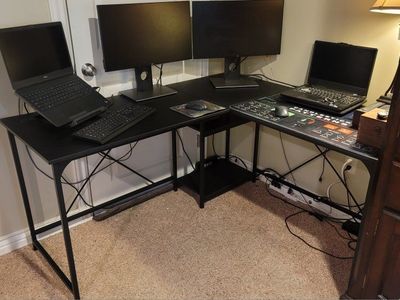 Black Metal Frame L-Shaped Corner Computer Desk with Lower Storage Shelf