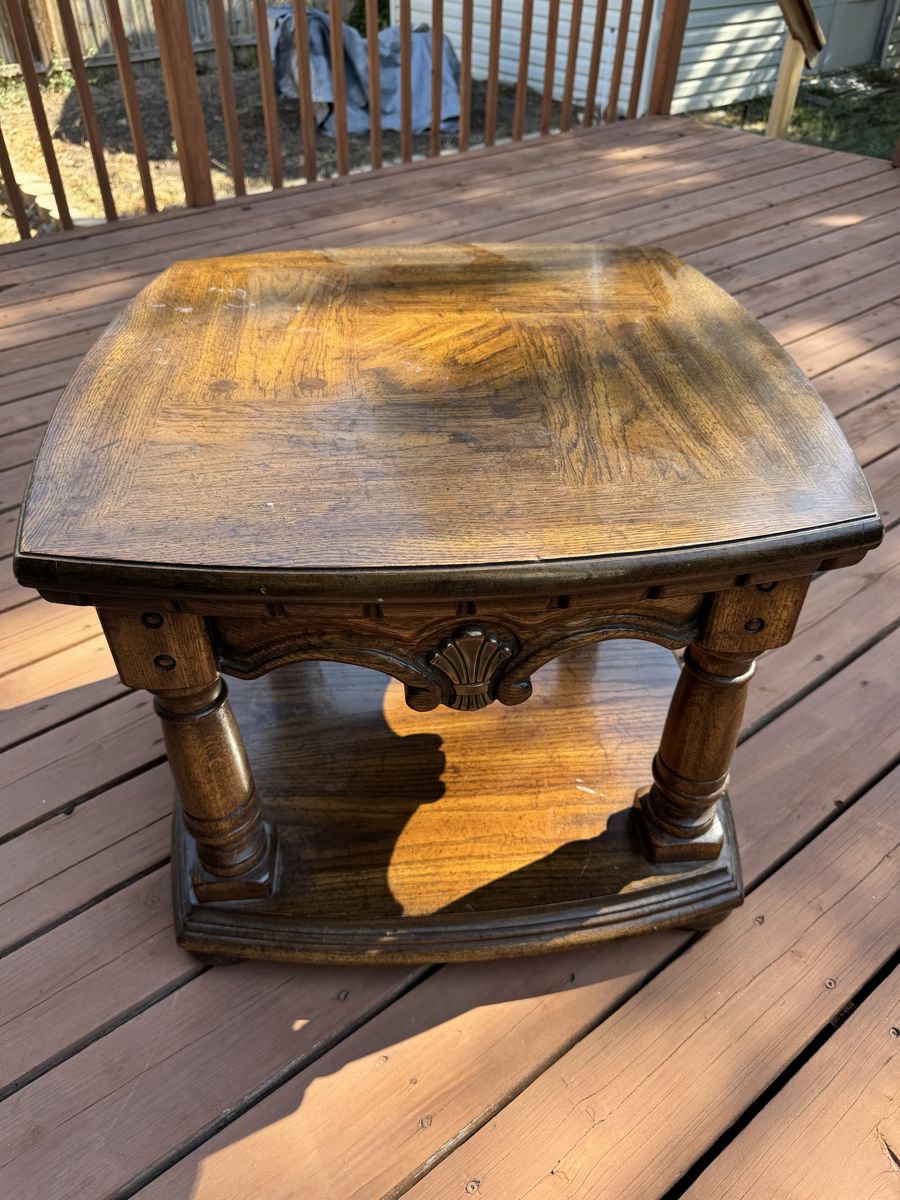 Vintage Wooden End Table - Square Side Table with Carved Details & Lower Shelf