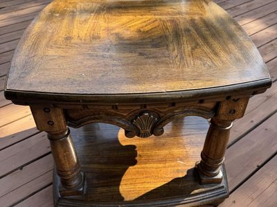 Vintage Wooden End Table - Square Side Table with Carved Details & Lower Shelf