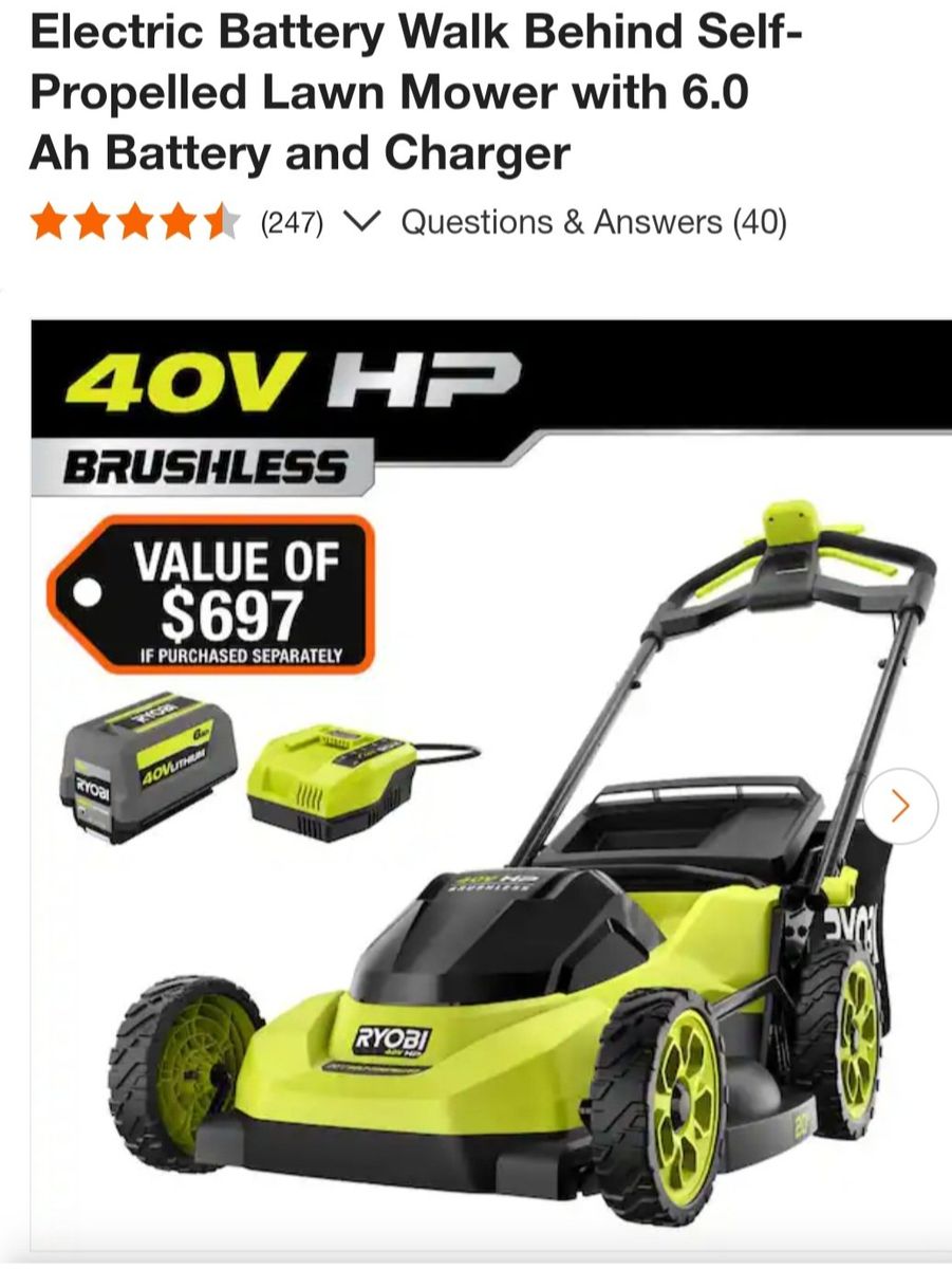 Brand New 40V Ryobi self-propelled mower with 6 Ah battery