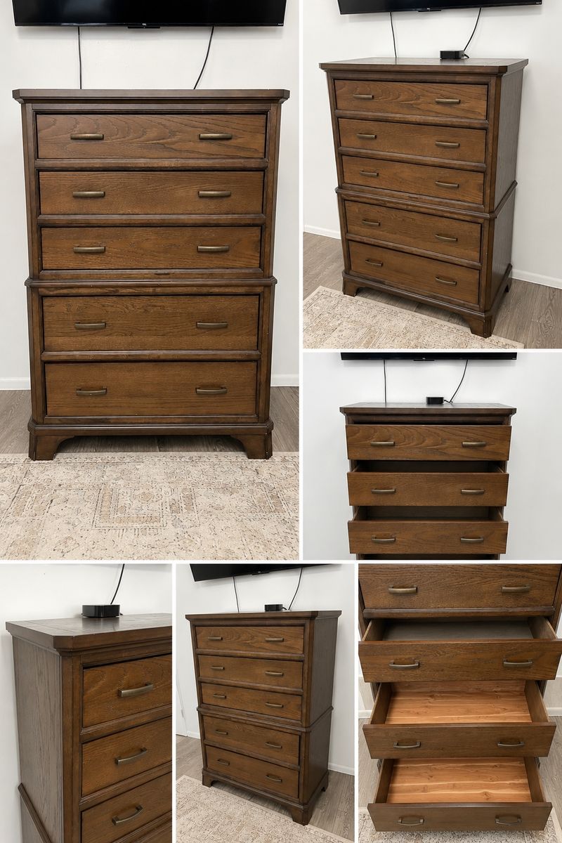 Solid Wood 5-Drawer Tallboy Dresser Chest in Brown Stain
