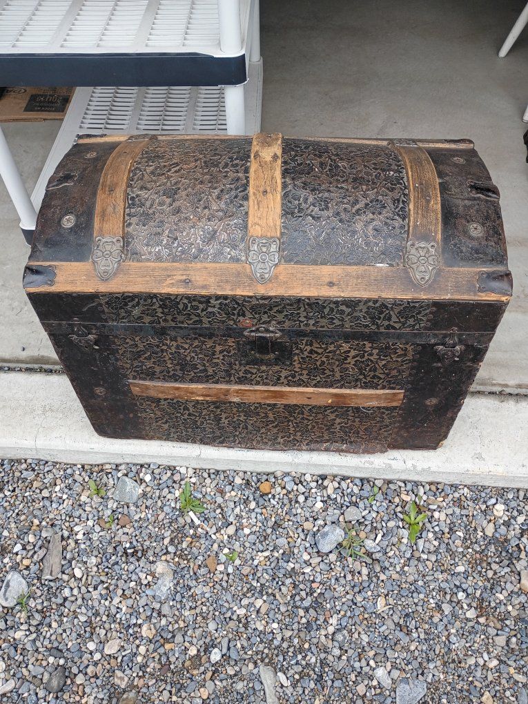 Antique Wood and Metal Dome Top Trunk, Ornate Embossed Pattern, Vintage Storage Chest location Tremonton