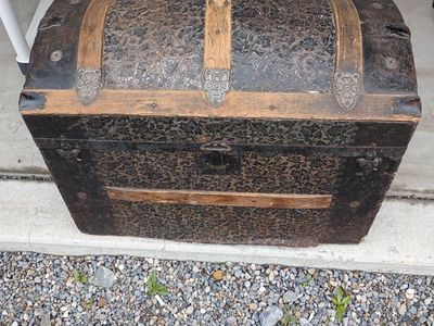 Antique Wood and Metal Dome Top Trunk, Ornate Embossed Pattern, Vintage Storage Chest location Tremonton