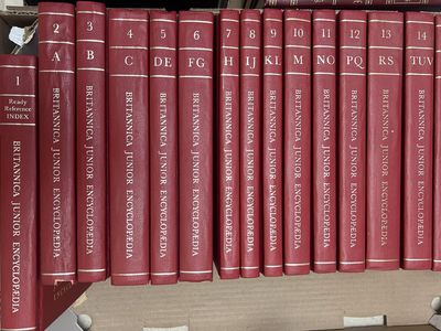 This is a complete 15-volume set of the "Britannica Junior Encyclopædia" (red hardcovers with gold spine lettering).