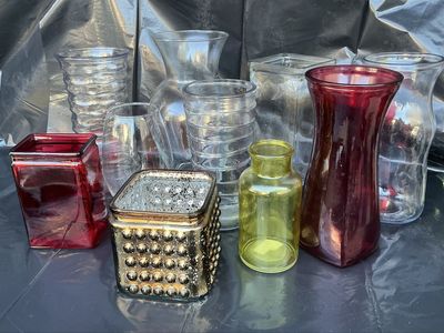 Assorted Glass Vases - Clear, Red, Gold - Various Shapes & Sizes - Home Decor Lot