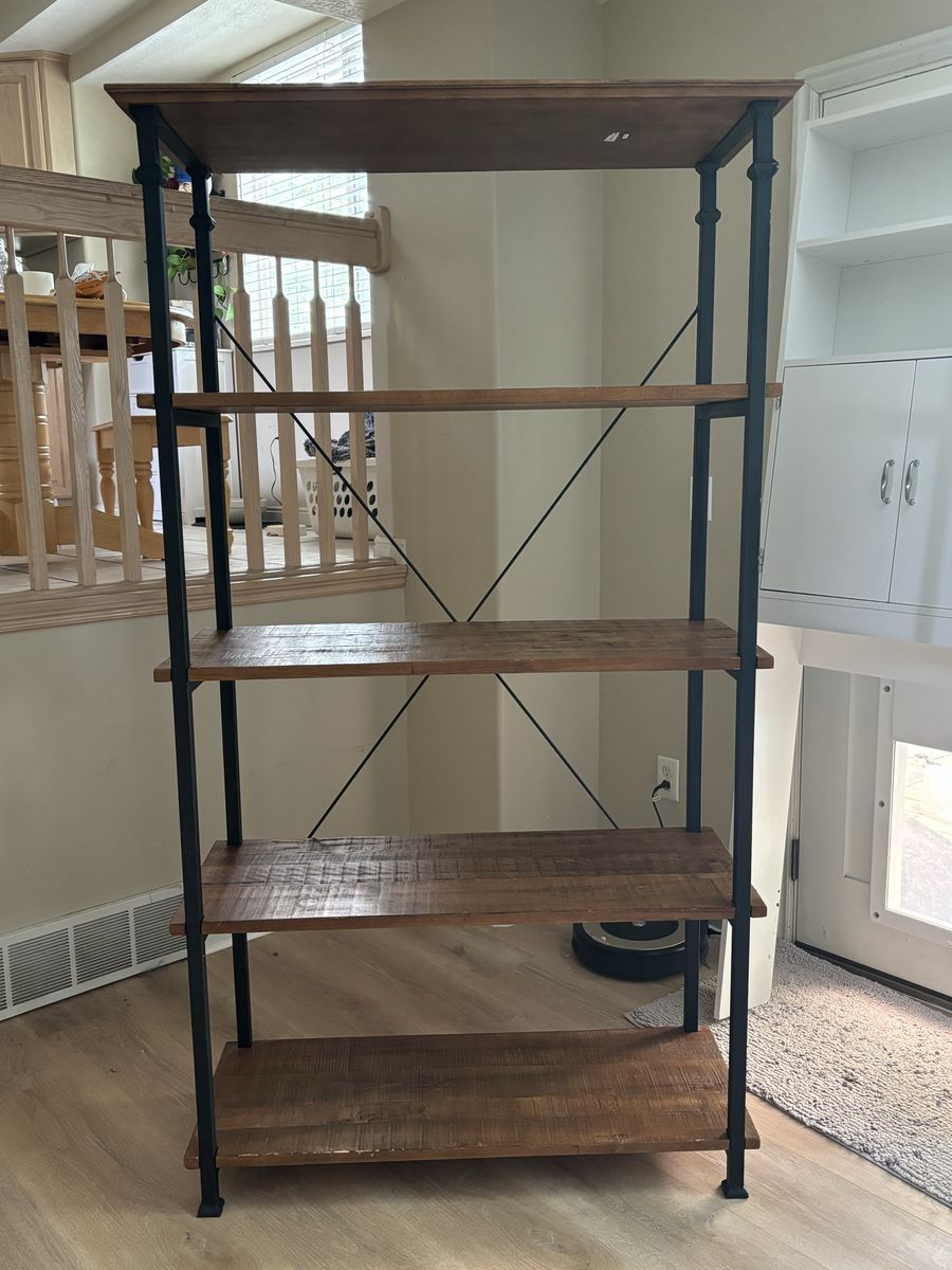 Industrial Style 5-Tier Bookshelf - Rustic Wood & Metal Open Bookcase, Tall Display Shelf