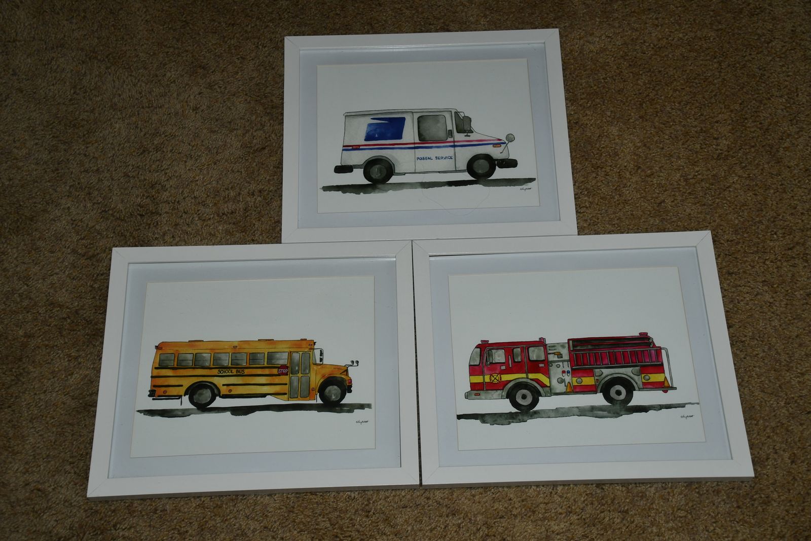 3 CHILDREN'S ROOM PICTURES ~ FIRE ENGINE, POSTAL TRUCK, SCHOOL BUS ~ 11" x 13" FRAMED ~ CUTE