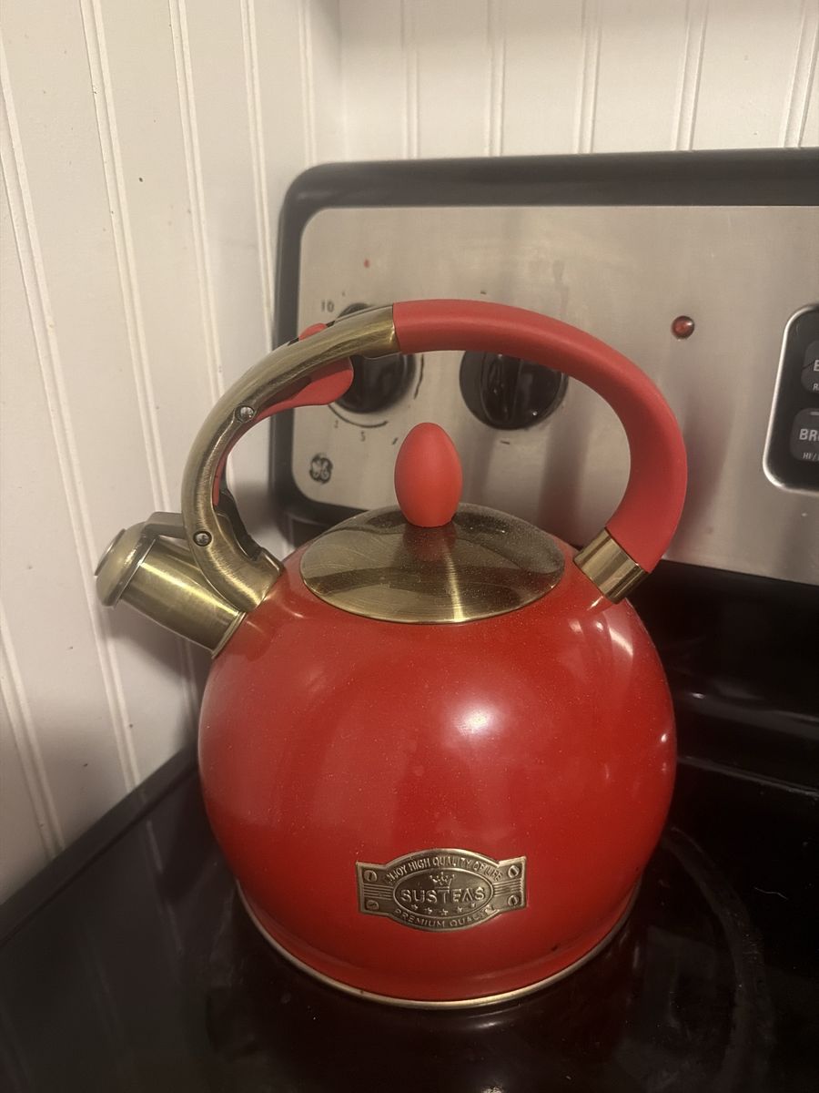 Susteas Red Stovetop Tea Kettle with Brass Accents