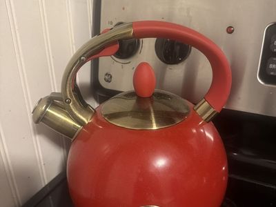 Susteas Red Stovetop Tea Kettle with Brass Accents