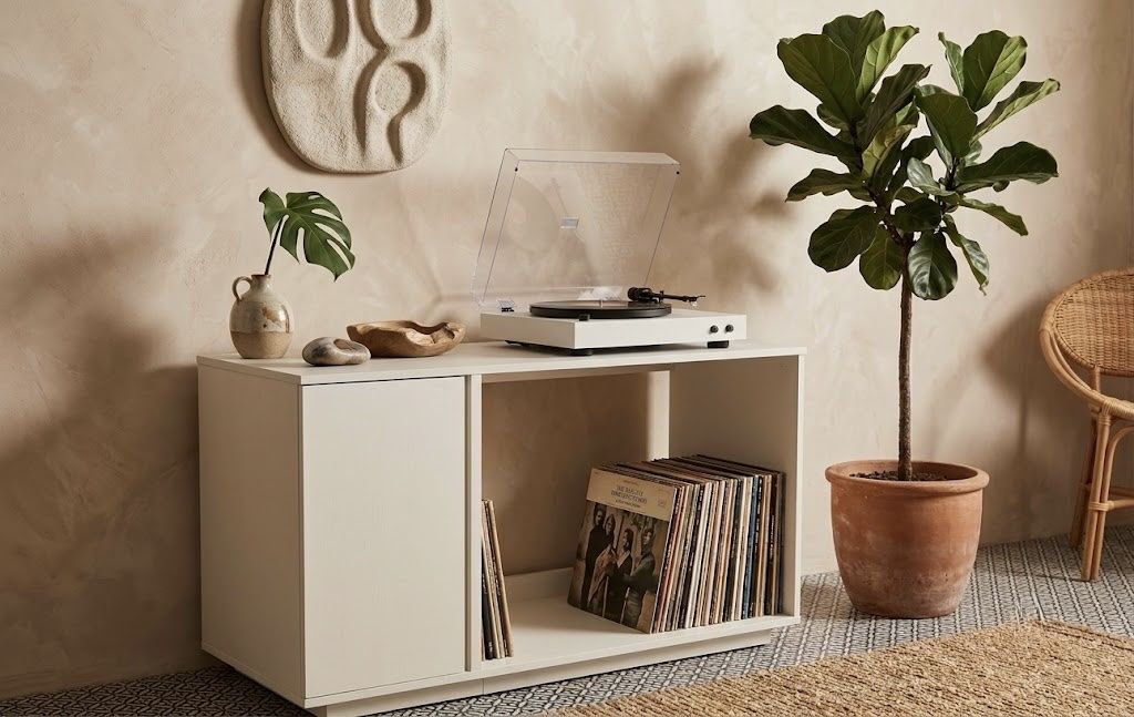 Modern White Laminate 53" Record Player Stand Media Console w/Enclosed Cabinet & Storage