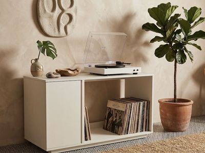 Modern White Laminate 53" Record Player Stand Media Console w/Enclosed Cabinet & Storage