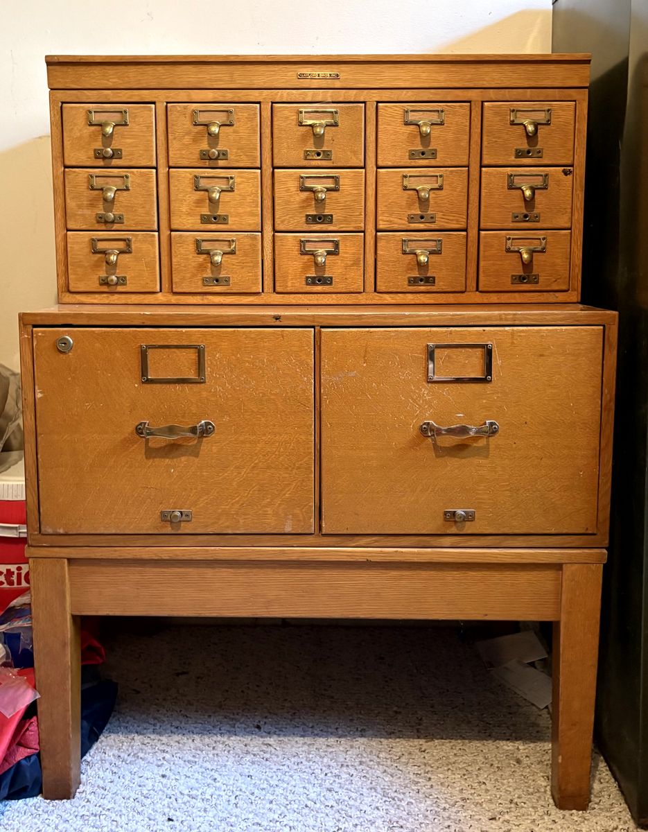 Rare Library Index card file system with two main file drawers.