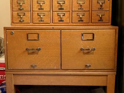 Rare Library Index card file system with two main file drawers.