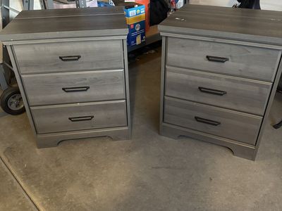 Set of 2 Grey Wood-Finish 3-Drawer Nightstands with Charging Station