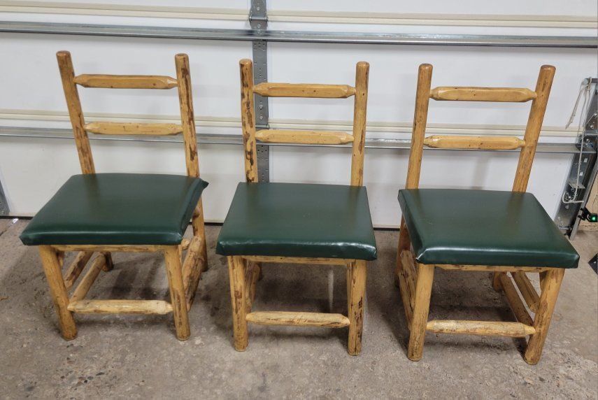 Set of 3 Rustic Log Cabin Dining Chairs with Green Faux Leather Seats