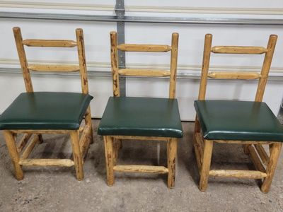 Set of 3 Rustic Log Cabin Dining Chairs with Green Faux Leather Seats