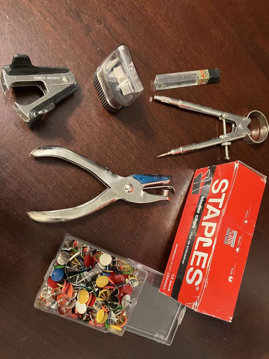 OFFICE SUPPLIES CLIP BOARDS, BINDER CLIPS, TACKS, HOLE PUNCH, SHARPENER, COMPASS
