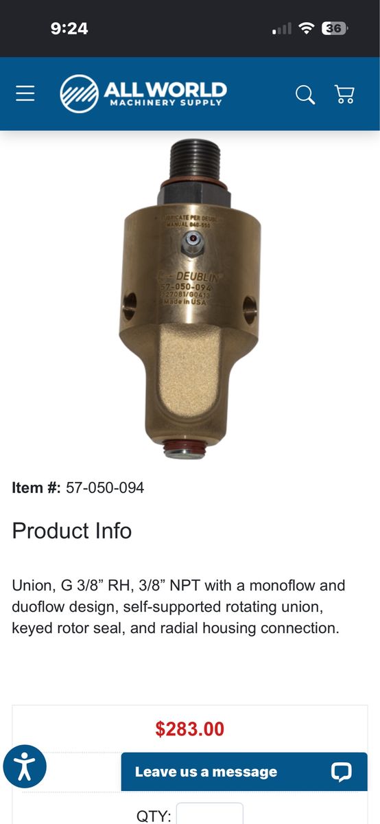 Deublin 050-002030 Rotating Union G 3/8" RH, 3/8" NPT Monoflow/Duoflow Radial Housing