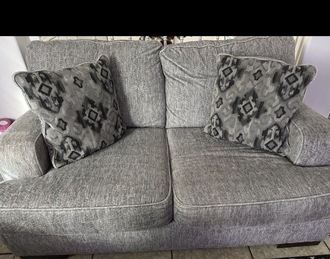 Gray Fabric Sofa and Loveseat Set with Geometric Throw Pillows, UsedGood Condition