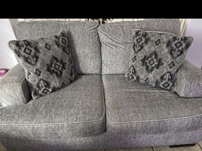 Gray Fabric Sofa and Loveseat Set with Geometric Throw Pillows, UsedGood Condition