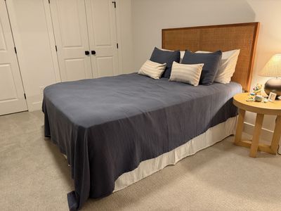 Queen Rattan Headboard with mattress, frame and box spring