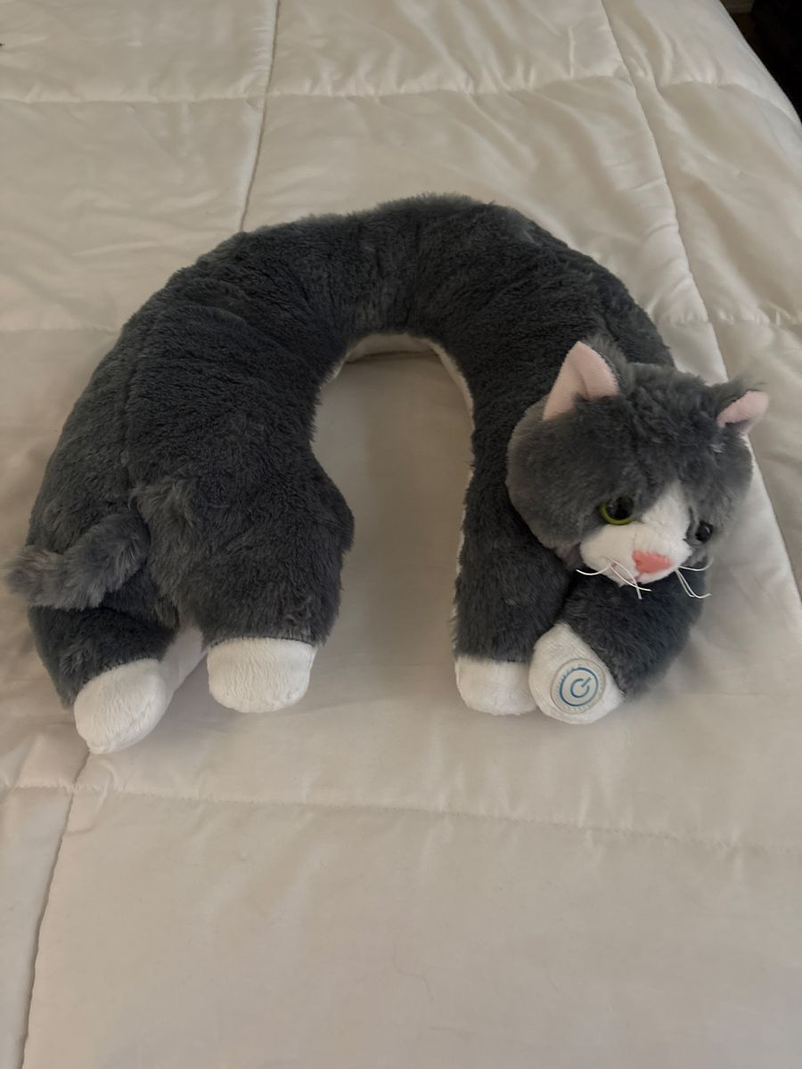 Cute Grey & White Cat Shaped Neck Pillow - Travel/Relaxation Accessory