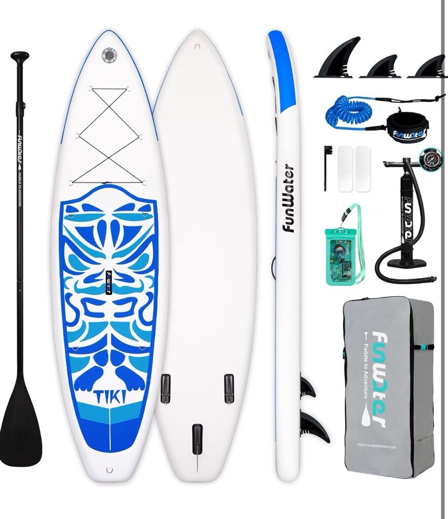 Brand New Inflatable Stand Up Paddle Board Bundle- Factory Sealed- Blue Tiki
