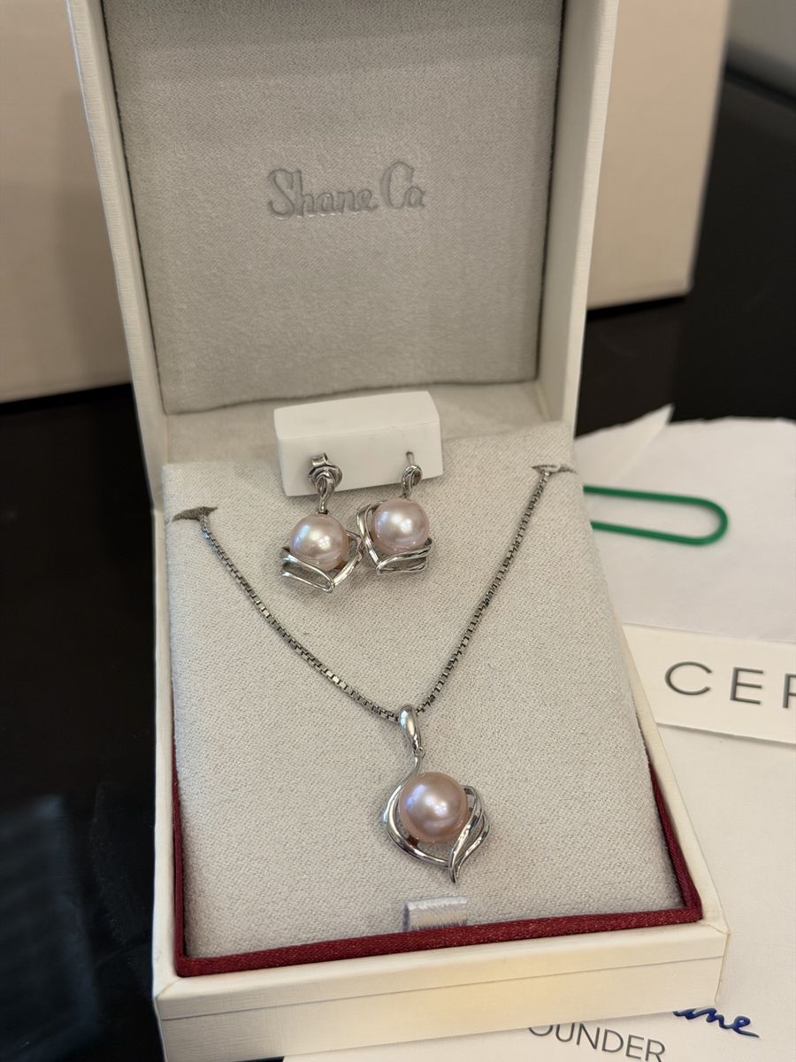 Shane Co. Pink Pearl Necklace and Earrings Set 