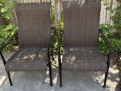 Set of 2 Patio Chairs with Armrests - Brown Wicker Style with Geometric Cushions