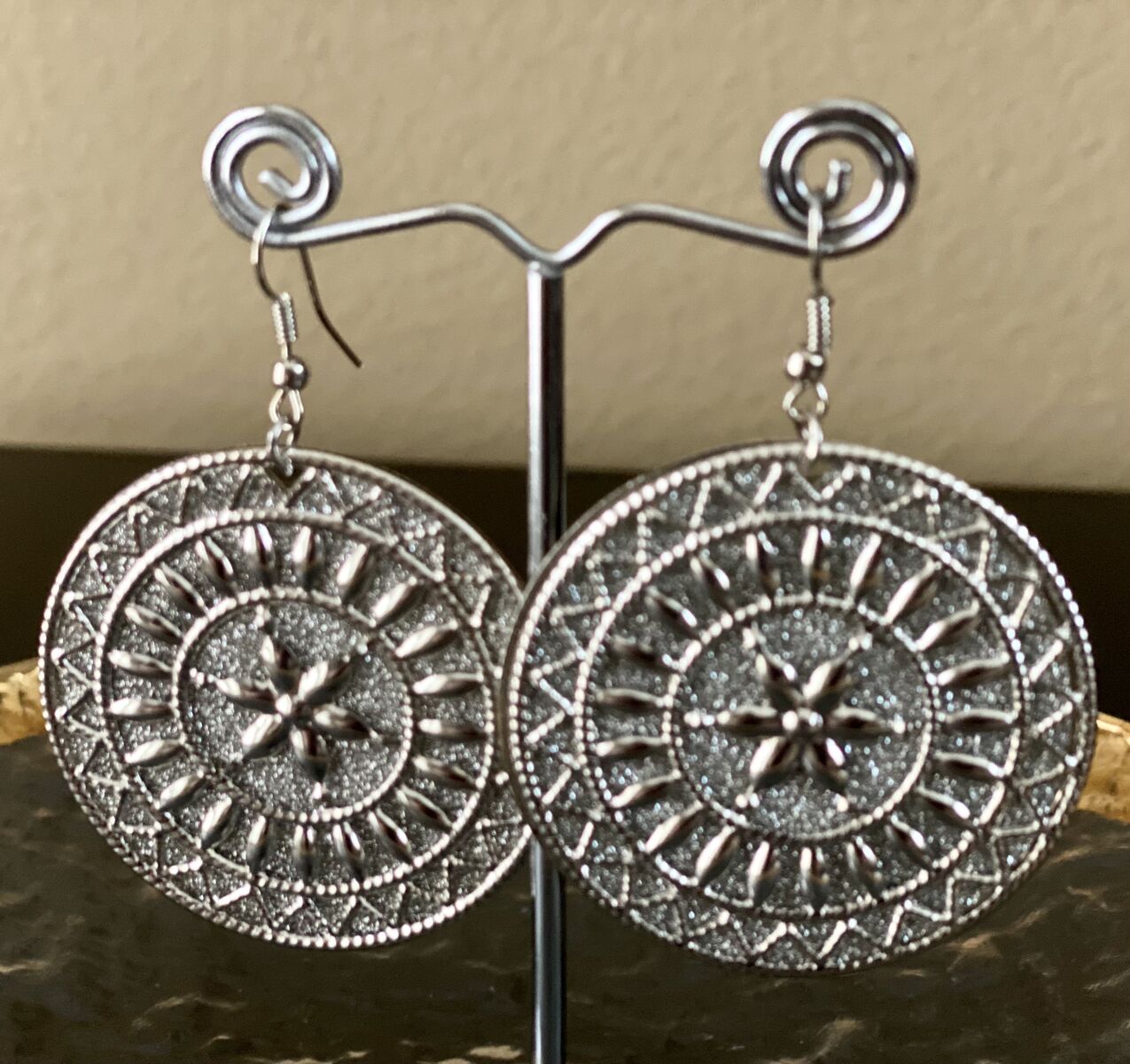 NEW - Ornate Round Silver Earrings With Glitter Disc For Extra Sparkle - See Photos