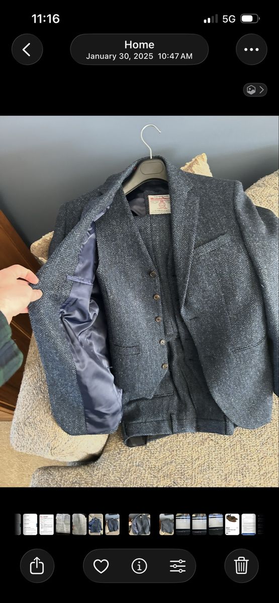 Harris Tweed Blue Herringbone 3-Piece Suit Jacket Vest Pants Set originally 800 dollars