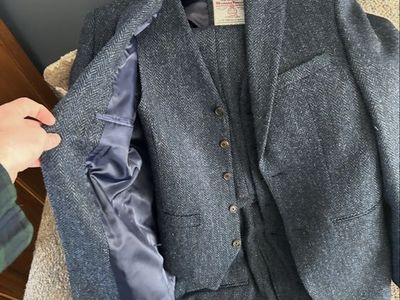 Harris Tweed Blue Herringbone 3-Piece Suit Jacket Vest Pants Set originally 800 dollars