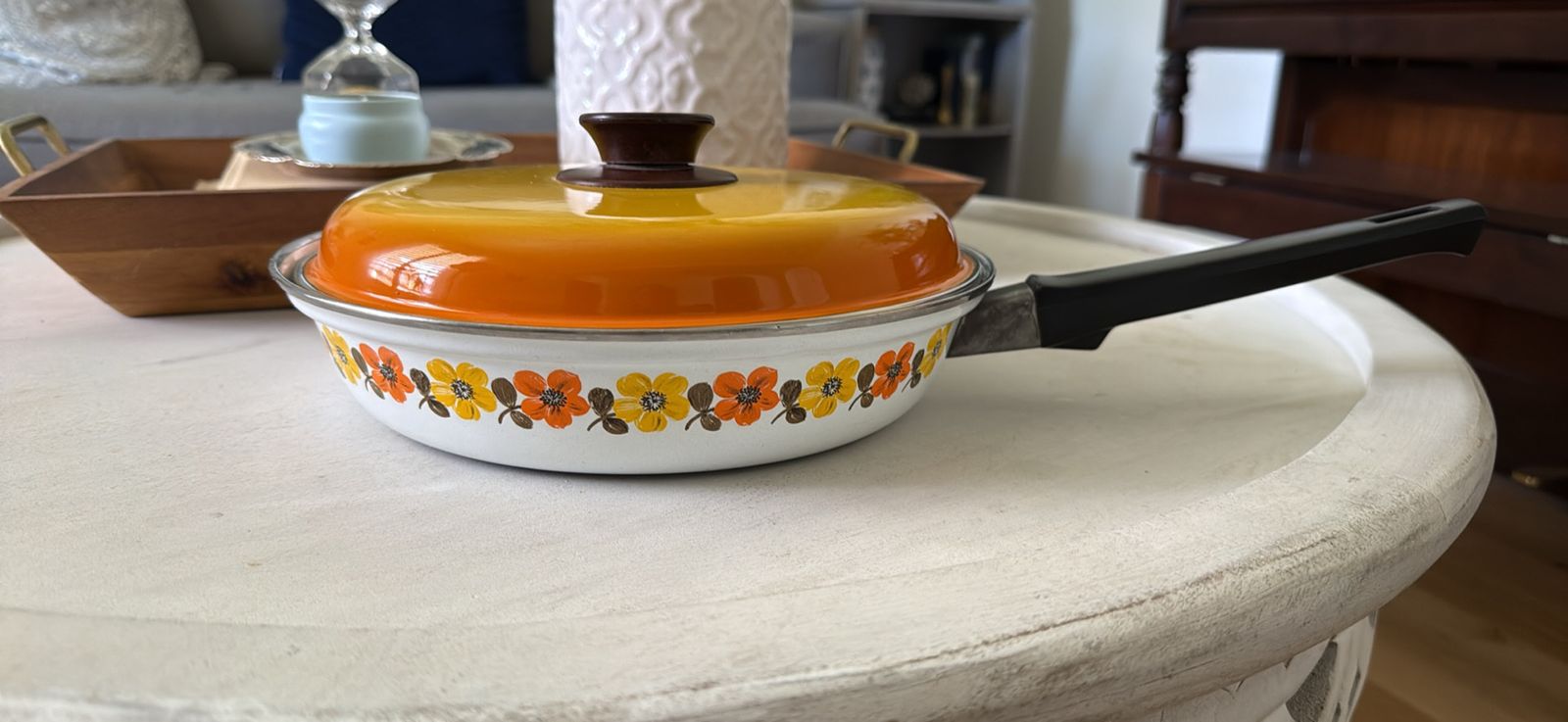 Vintage floral enamel pan with lid