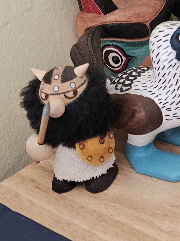 Handmade Wooden Viking Figure with Fur & Shield - Unique Folk Art Collectible Decor