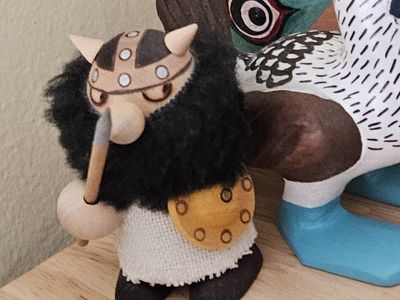 Handmade Wooden Viking Figure with Fur & Shield - Unique Folk Art Collectible Decor