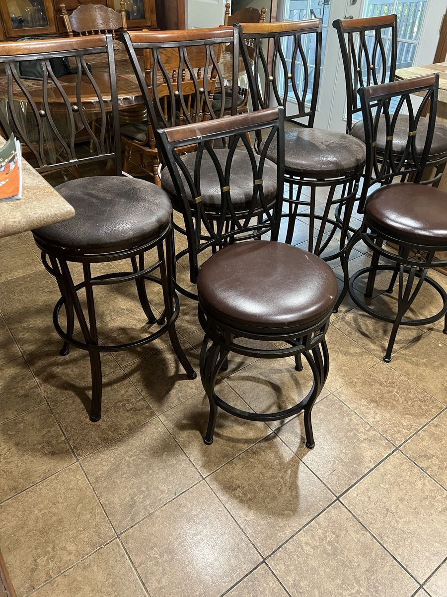 Set of 6 Bar Stools - Swivel Brown Faux Leather Seats, Wrought Iron Frames