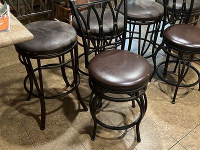 Set of 6 Bar Stools - Swivel Brown Faux Leather Seats, Wrought Iron Frames