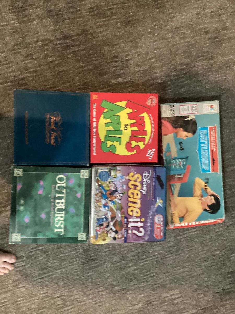 Board Game Bundle: Apples to Apples, Battleship, Disney Scene It?, Outburst, and original Trivia Pursuit