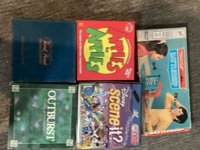 Board Game Bundle: Apples to Apples, Battleship, Disney Scene It?, Outburst, and original Trivia Pursuit